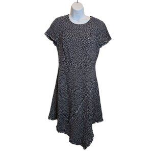 Eliza J Navy Tweed Monderncore Dress | Asymmetrical Hem | Fringe Trim | Size 8
